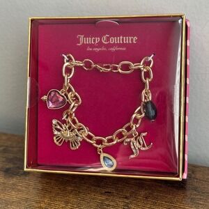 New Juicy Couture Gold Color Butterfly Charm Bracelet Pink Green JC Chain Cute